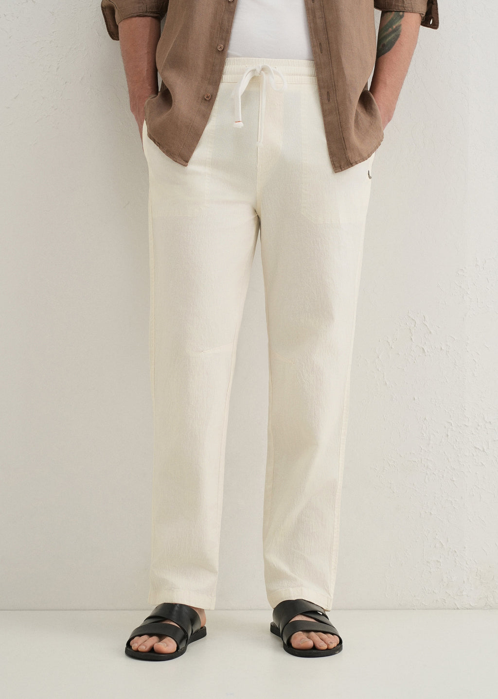 Cream Drawstring Cotton Linen Pant
