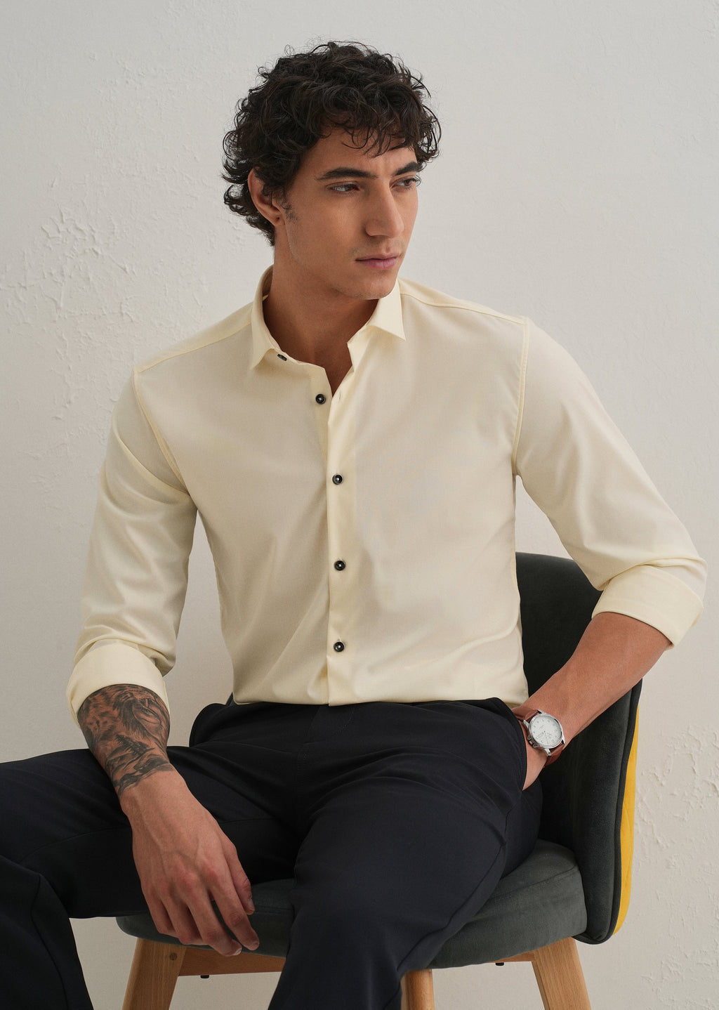 Cream Plain Wrinkle Free Shirt