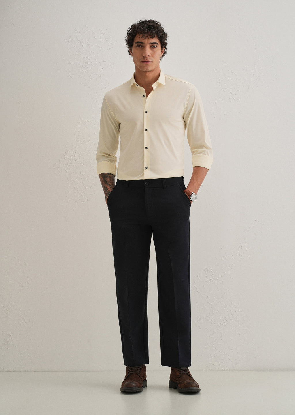 Cream Plain Wrinkle Free Shirt