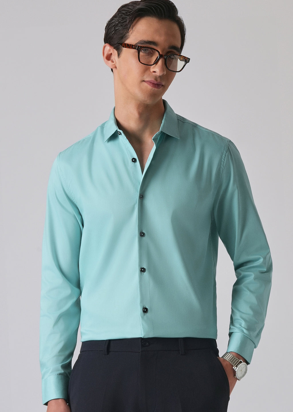 Cyan Green Cotton Stretch Plain Shirt
