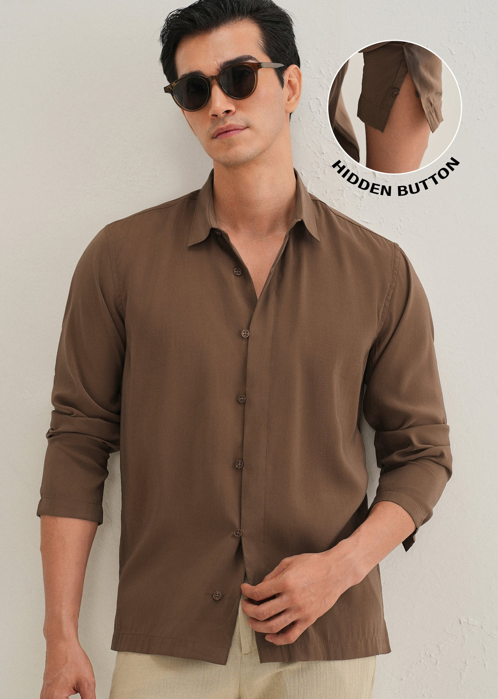 Dark Brown Loop Button-Down Plain Shirt