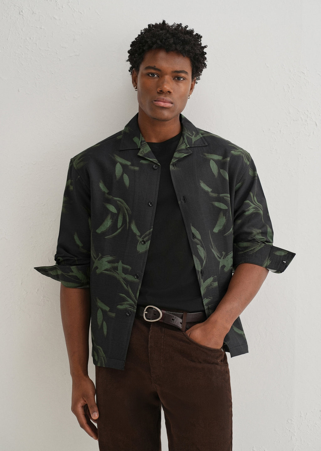 Dark Olive Leaf Printed Shirt