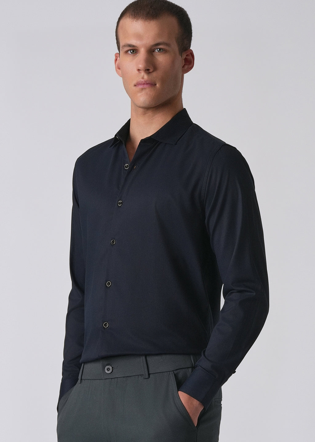 Dark Blue Cotton Stretch Plain Shirt