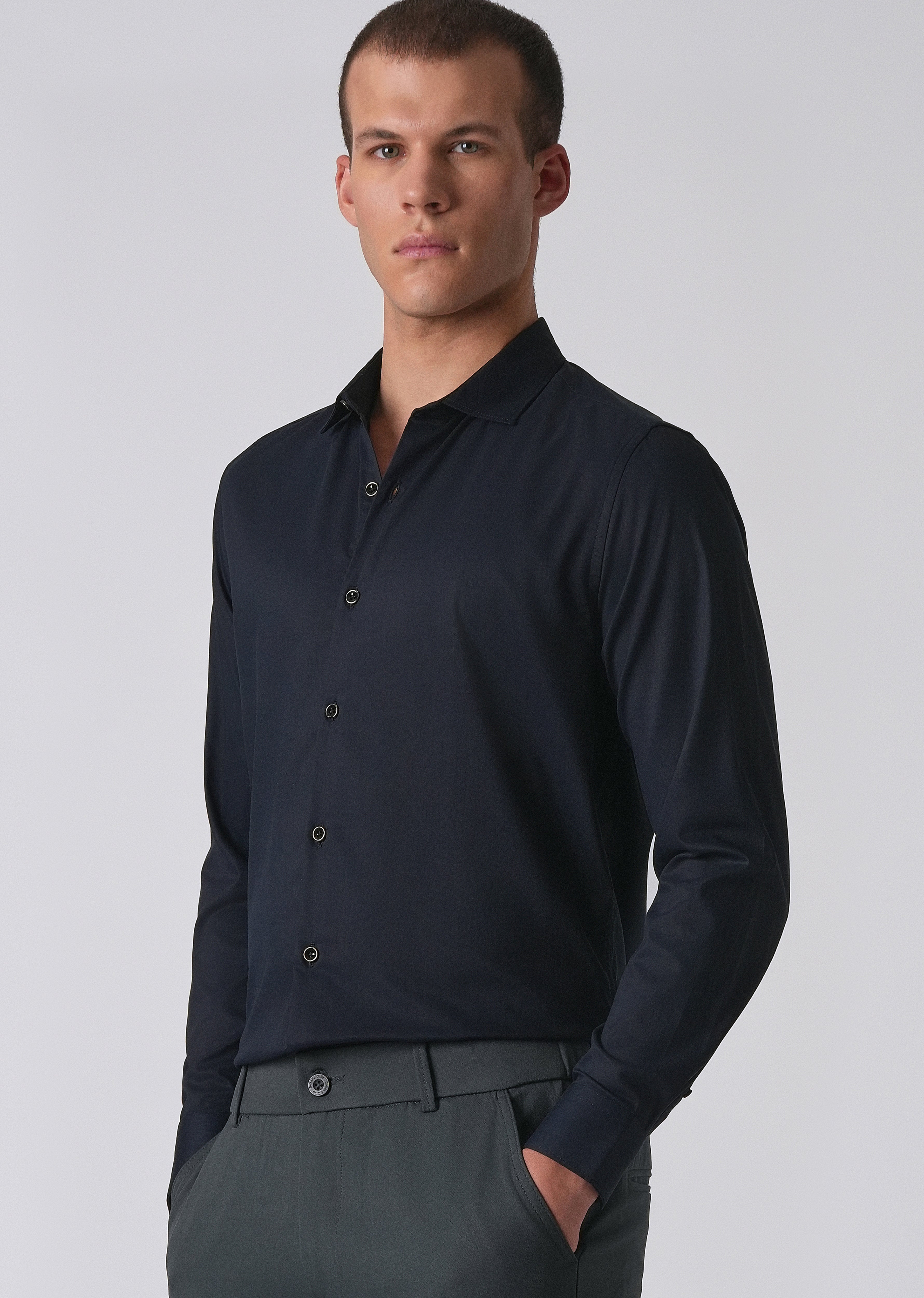 Dark Blue Cotton Stretch Plain Shirt