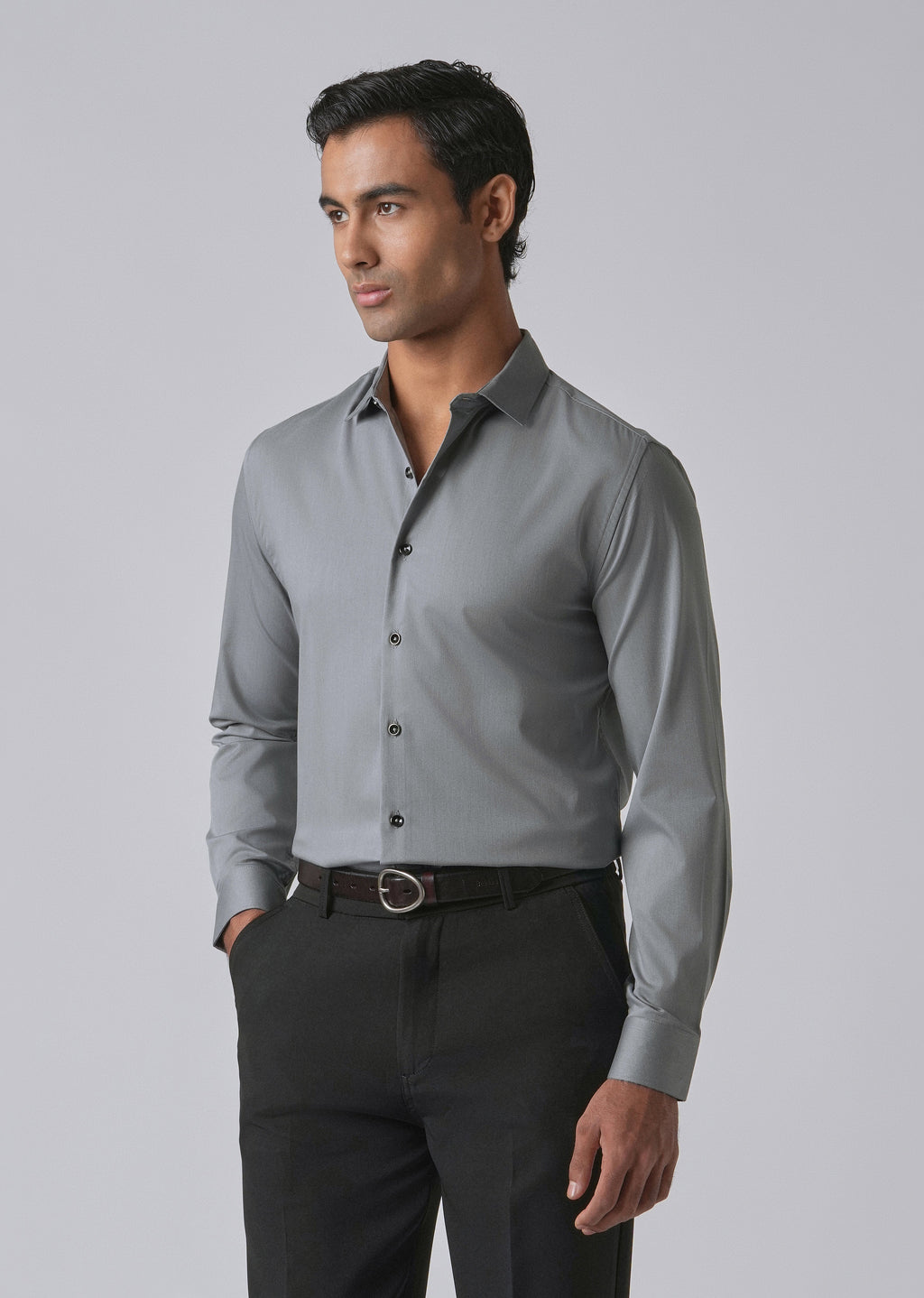 Dark Grey Cotton Stretch Plain Shirt