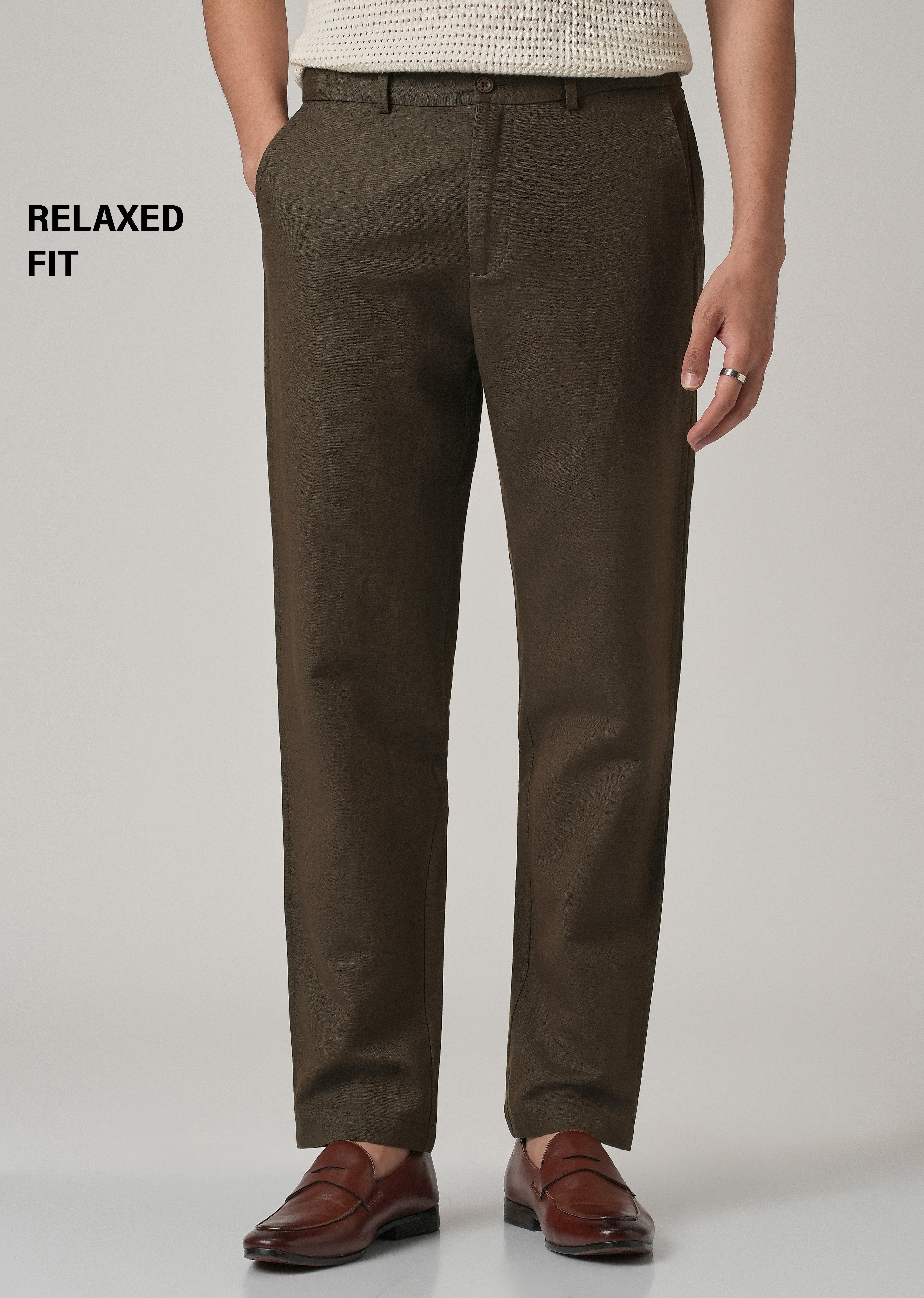 Dark Olive Linen Relaxed Fit Trouser