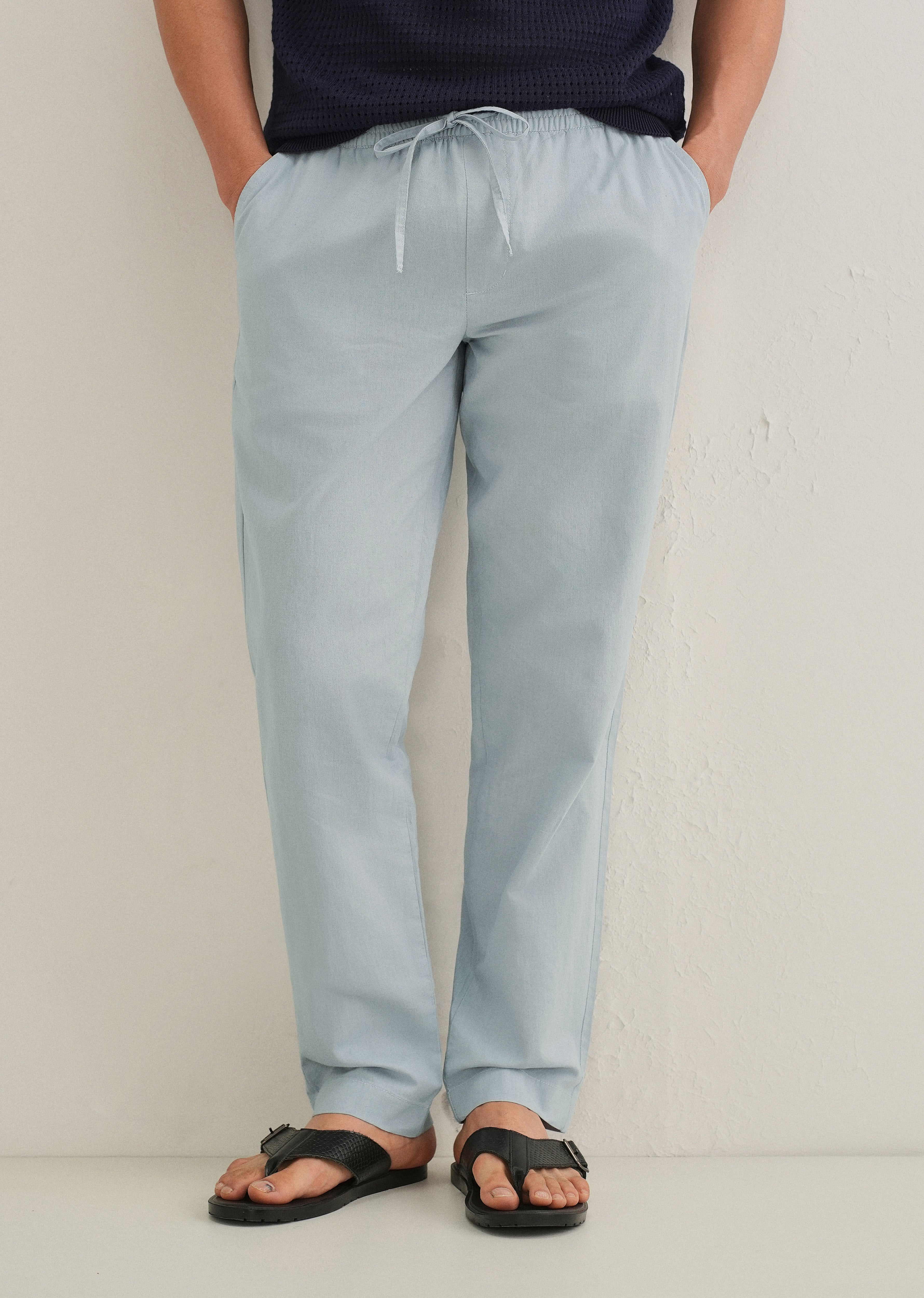 Drawstring Light Blue Linen Pant