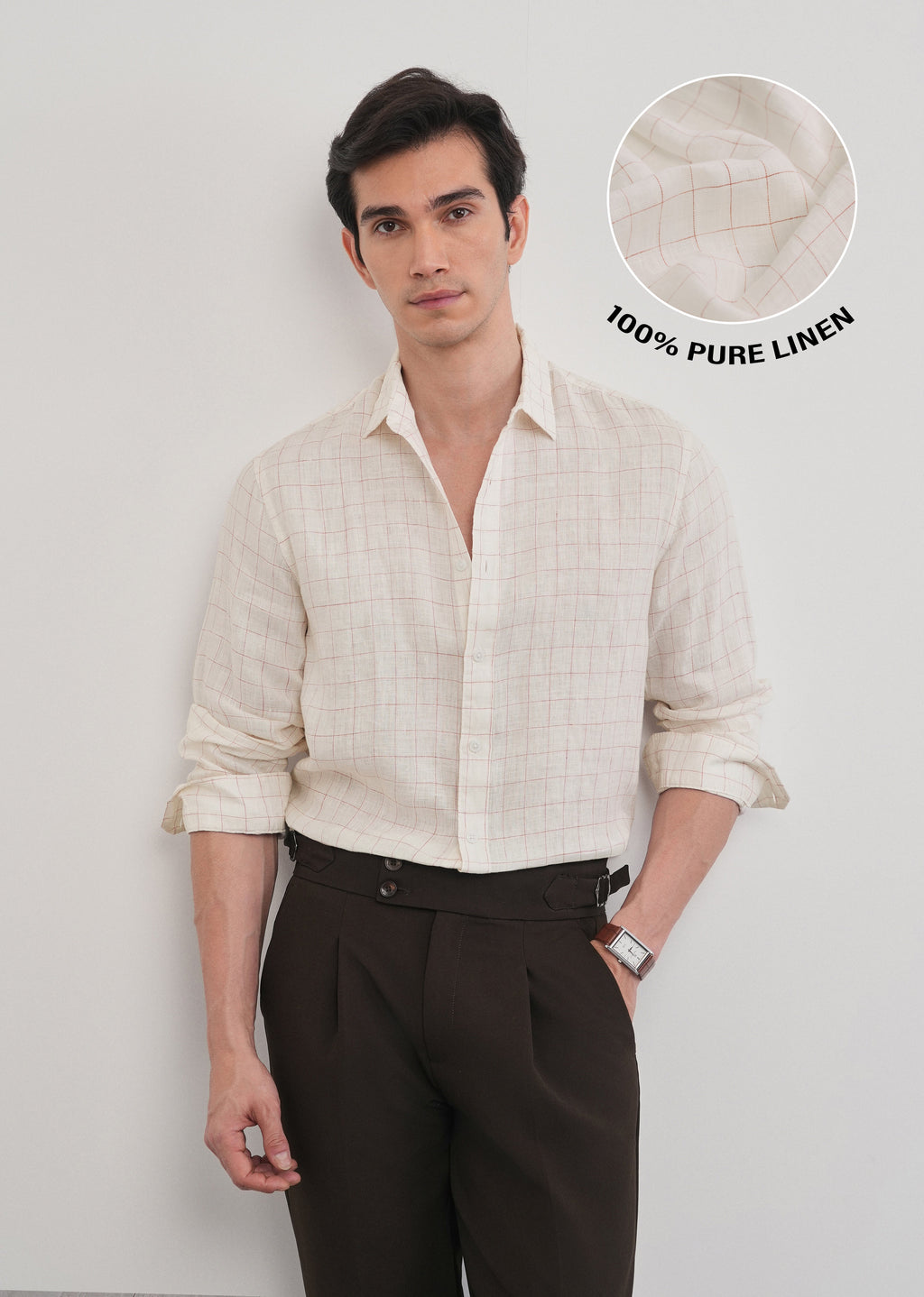 Ecru 100% Pure Linen Check Shirt