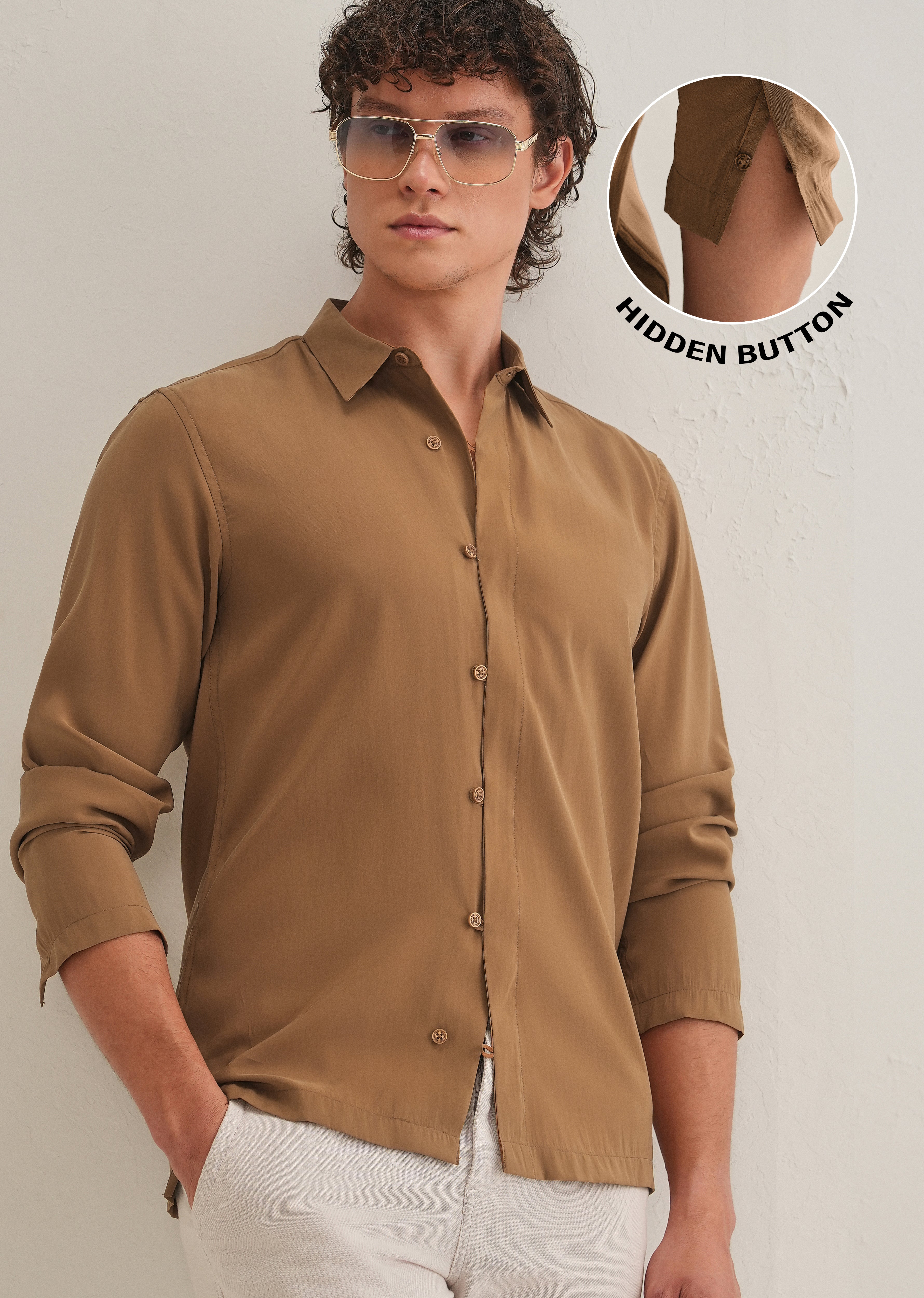 Golden Brown Loop Button-Down Plain Shirt