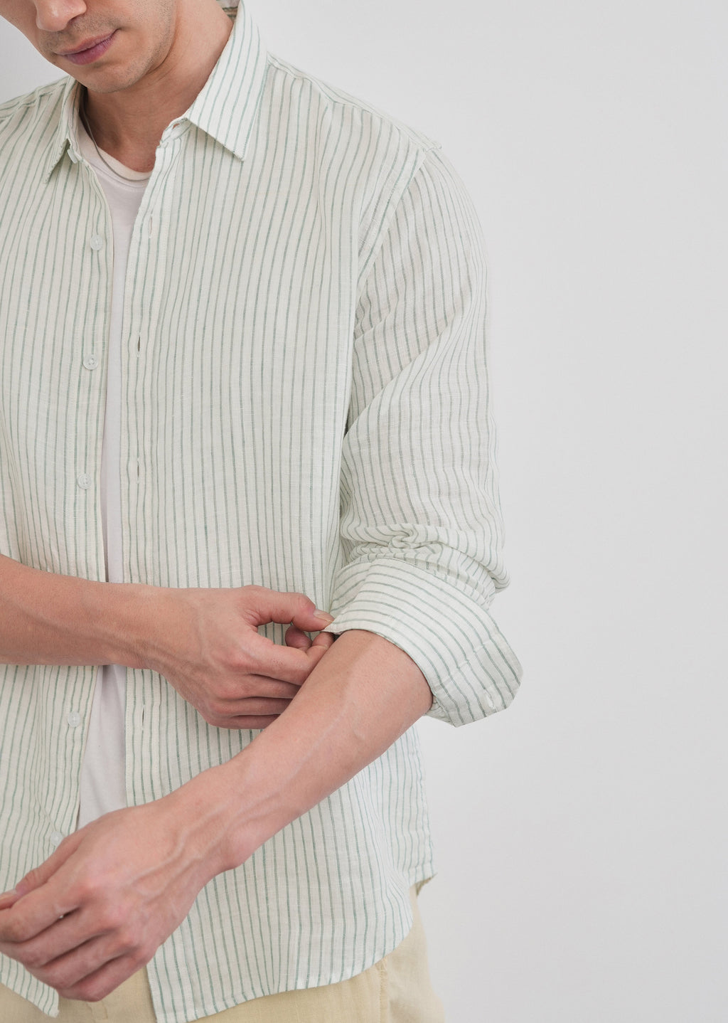 100% Linen Green Self-Stripe Shirt