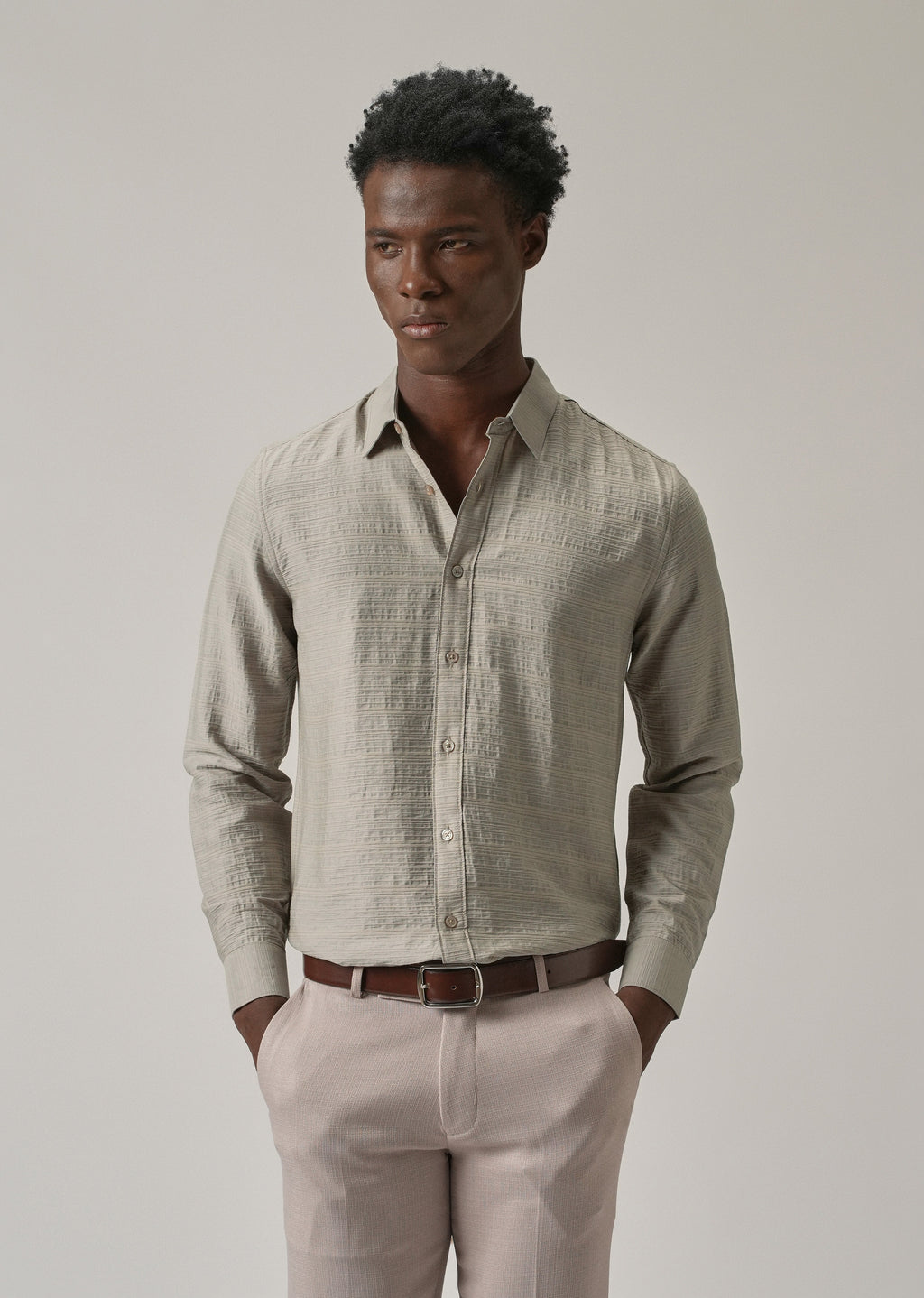 Grey Crushed Self Stripe Shirt