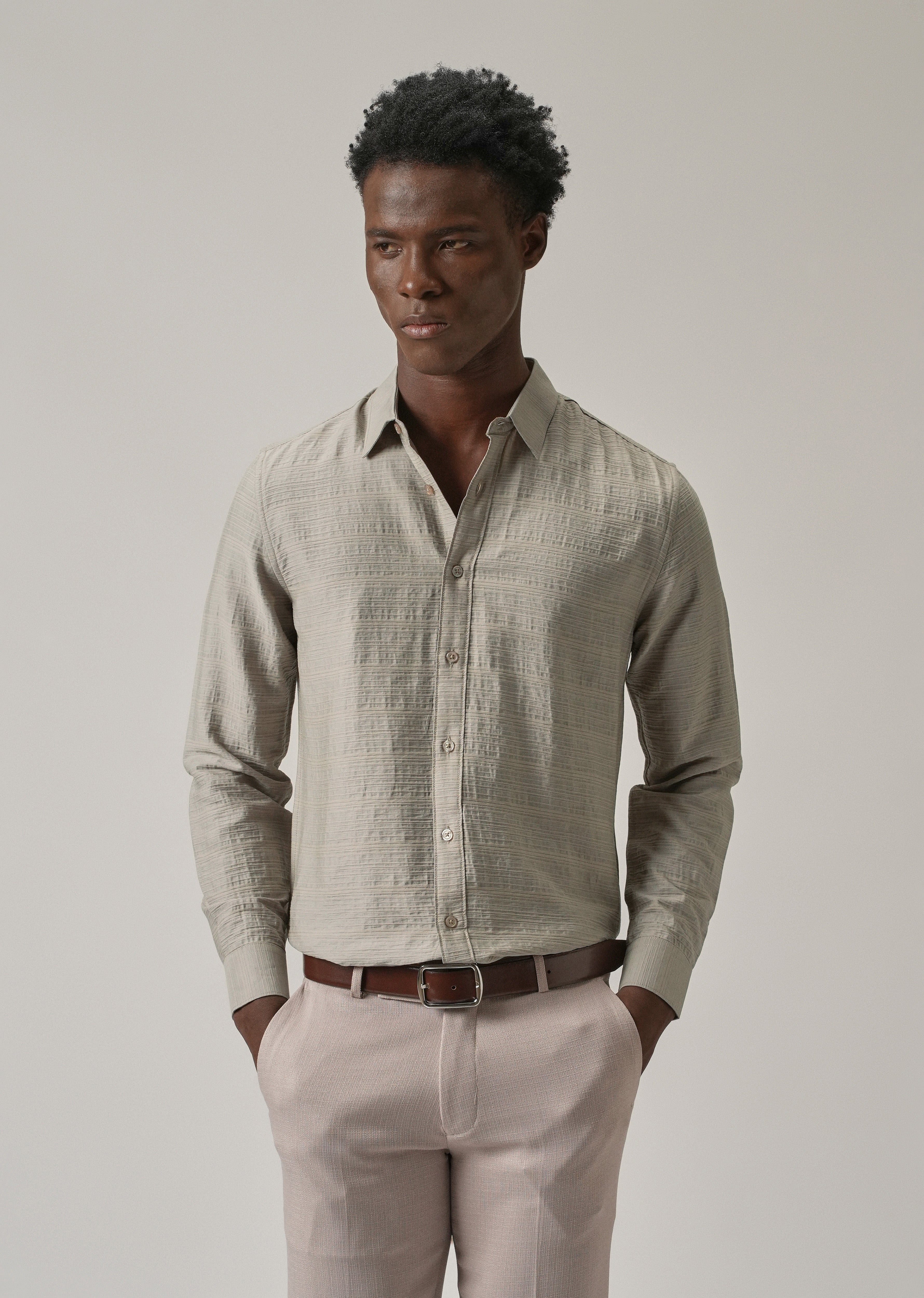 Grey Crushed Self Stripe Shirt