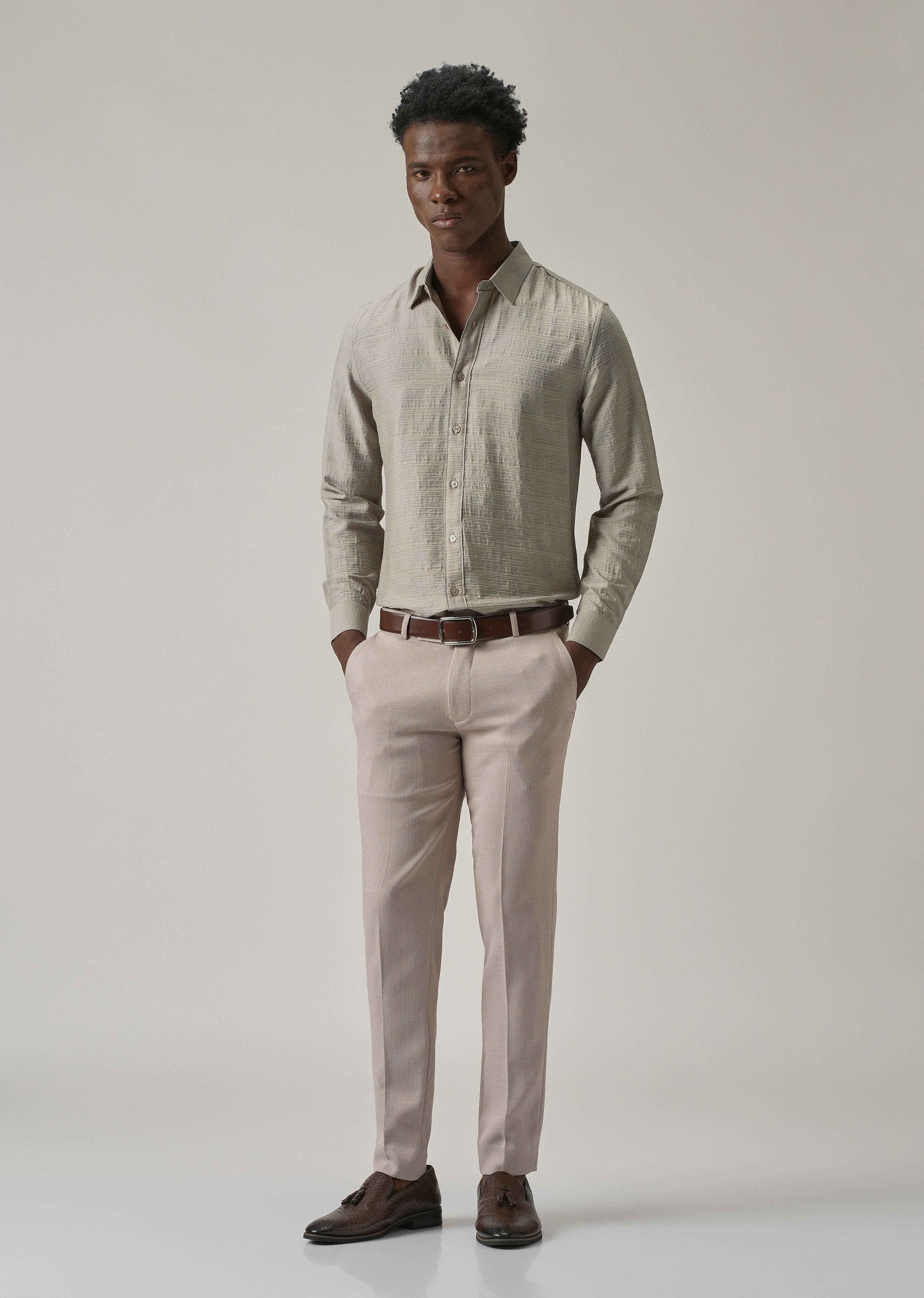 Grey Crushed Self Stripe Shirt