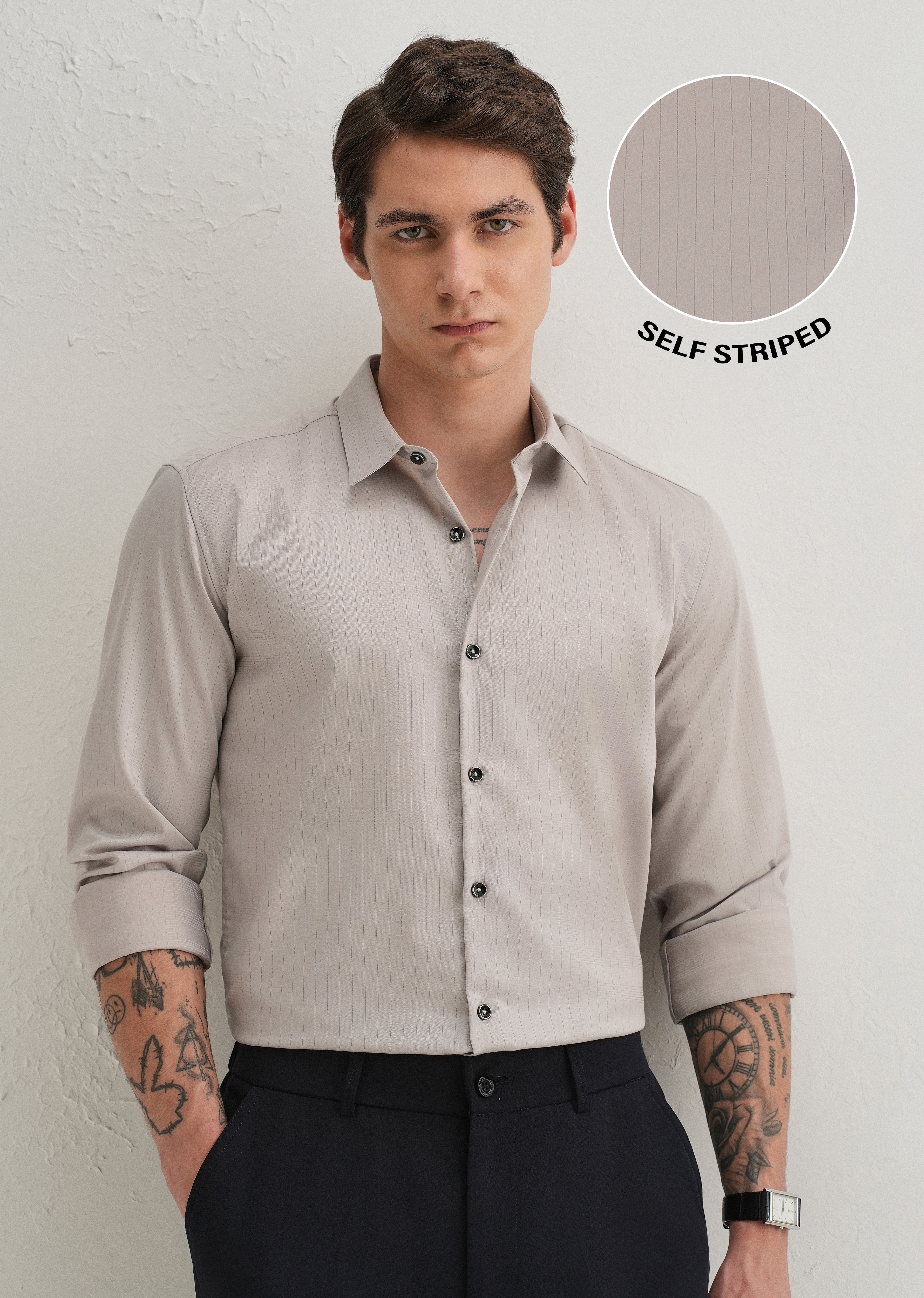 Grey Self Striped Plain Shirt