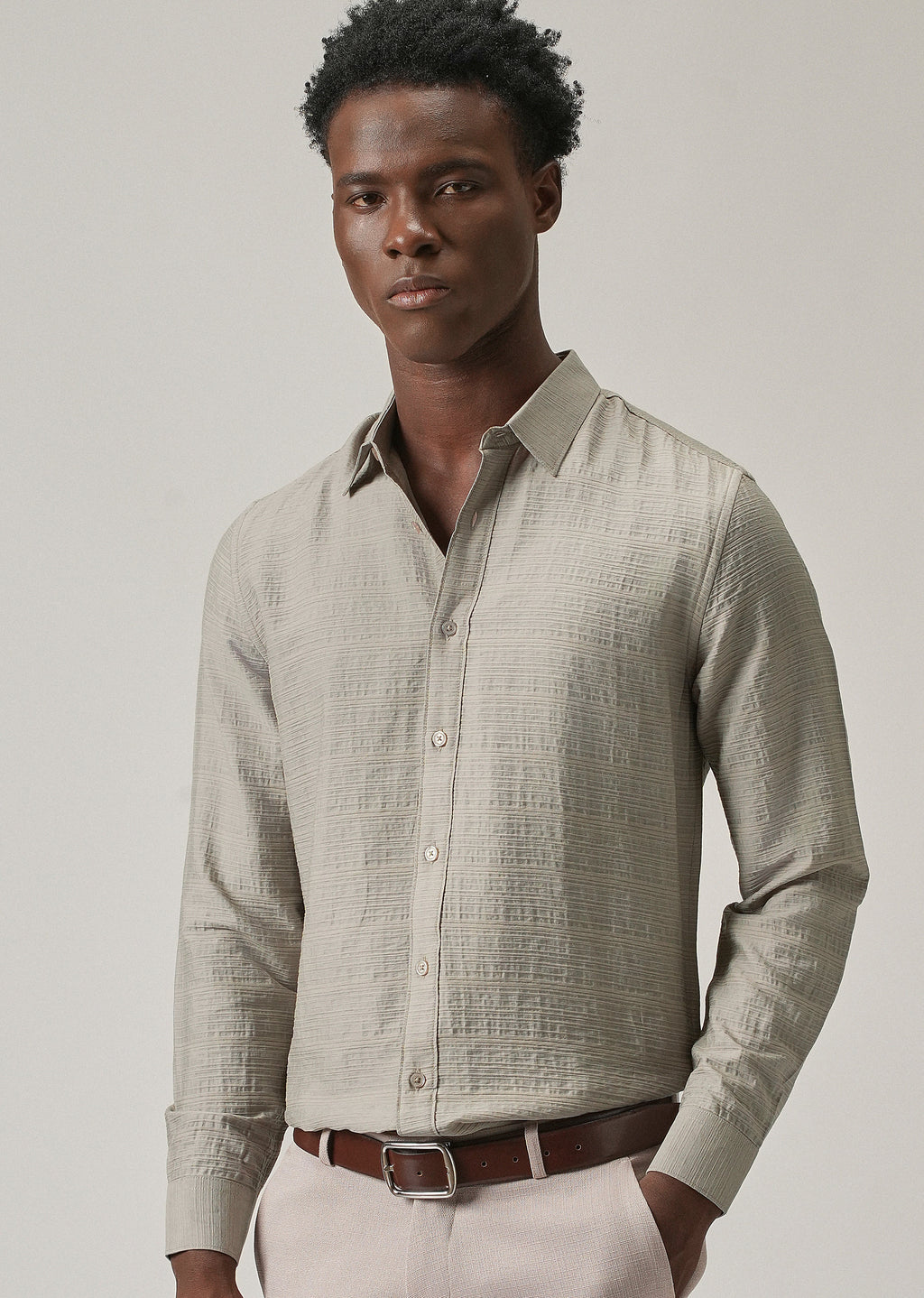 Grey Crushed Self Stripe Shirt