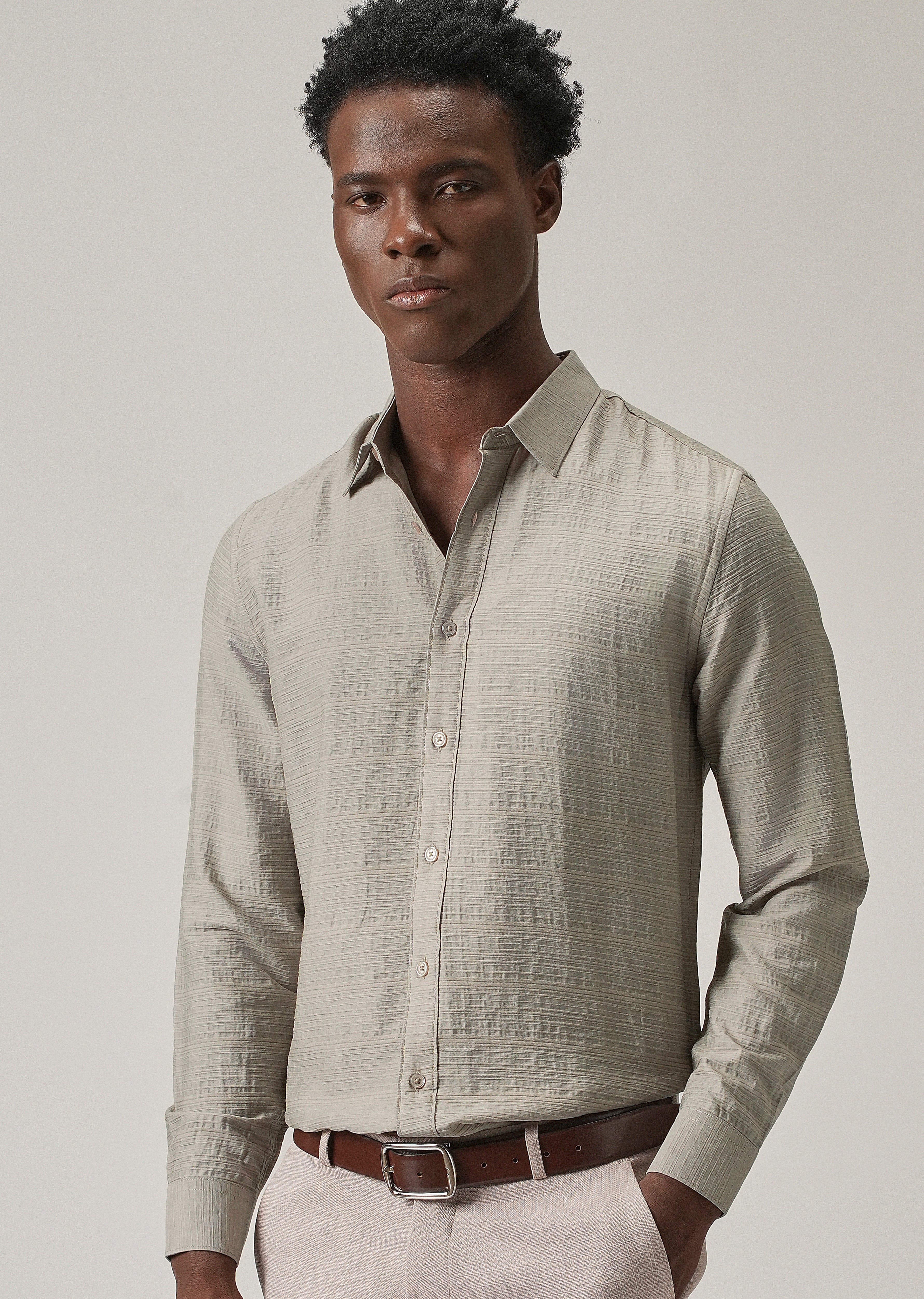 Grey Crushed Self Stripe Shirt