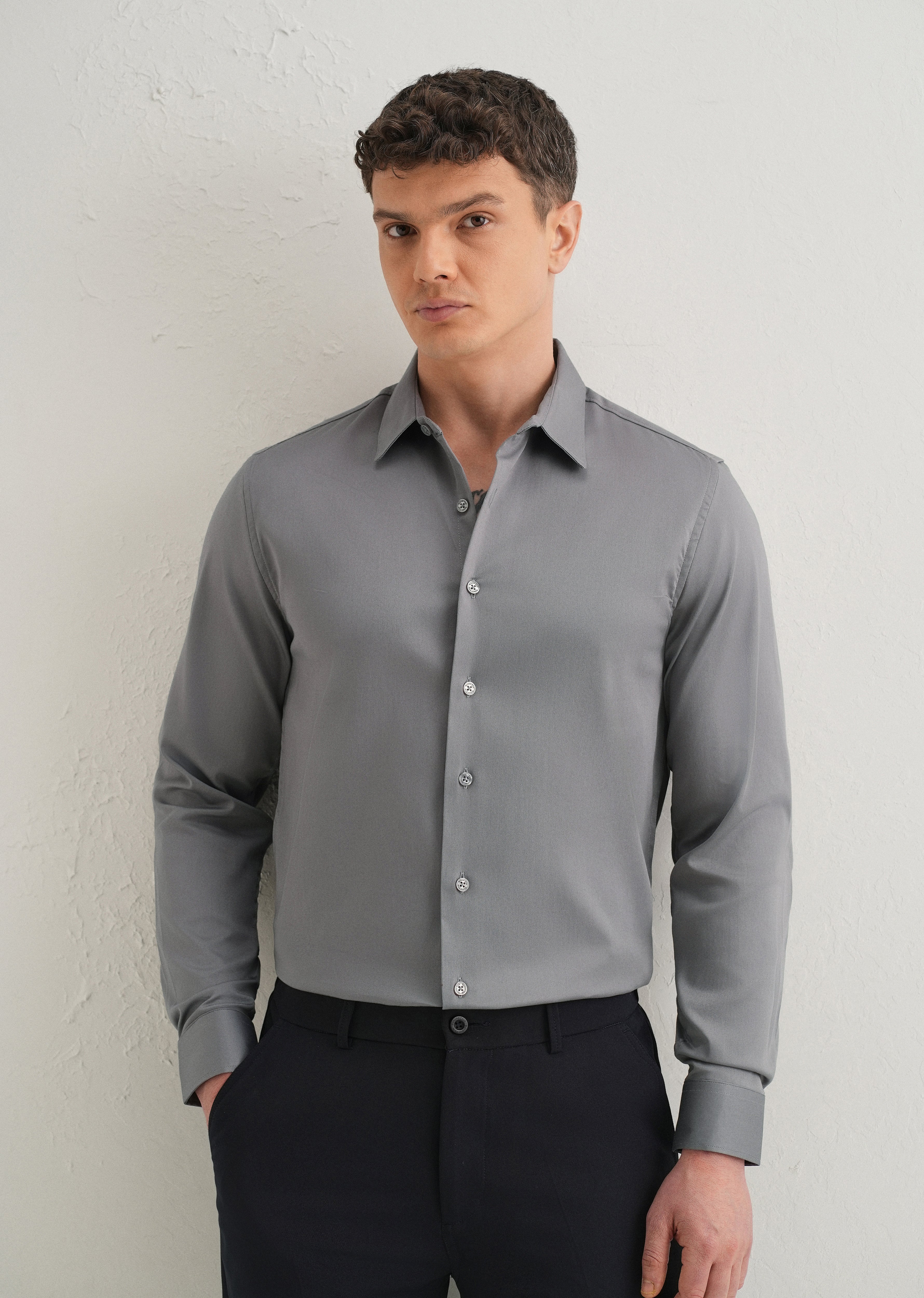 Hybrid Gray Plain Satin Shirt