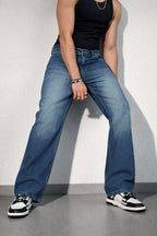 Worn Blue Whisker Wash Loose Straight Fit Jeans