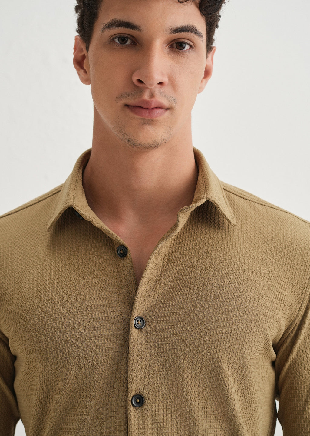 Khaki Grid Textured Knit Shirt