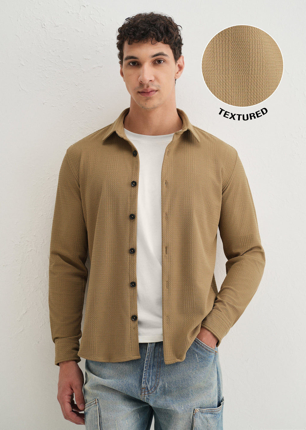 Khaki Grid Textured Knit Shirt