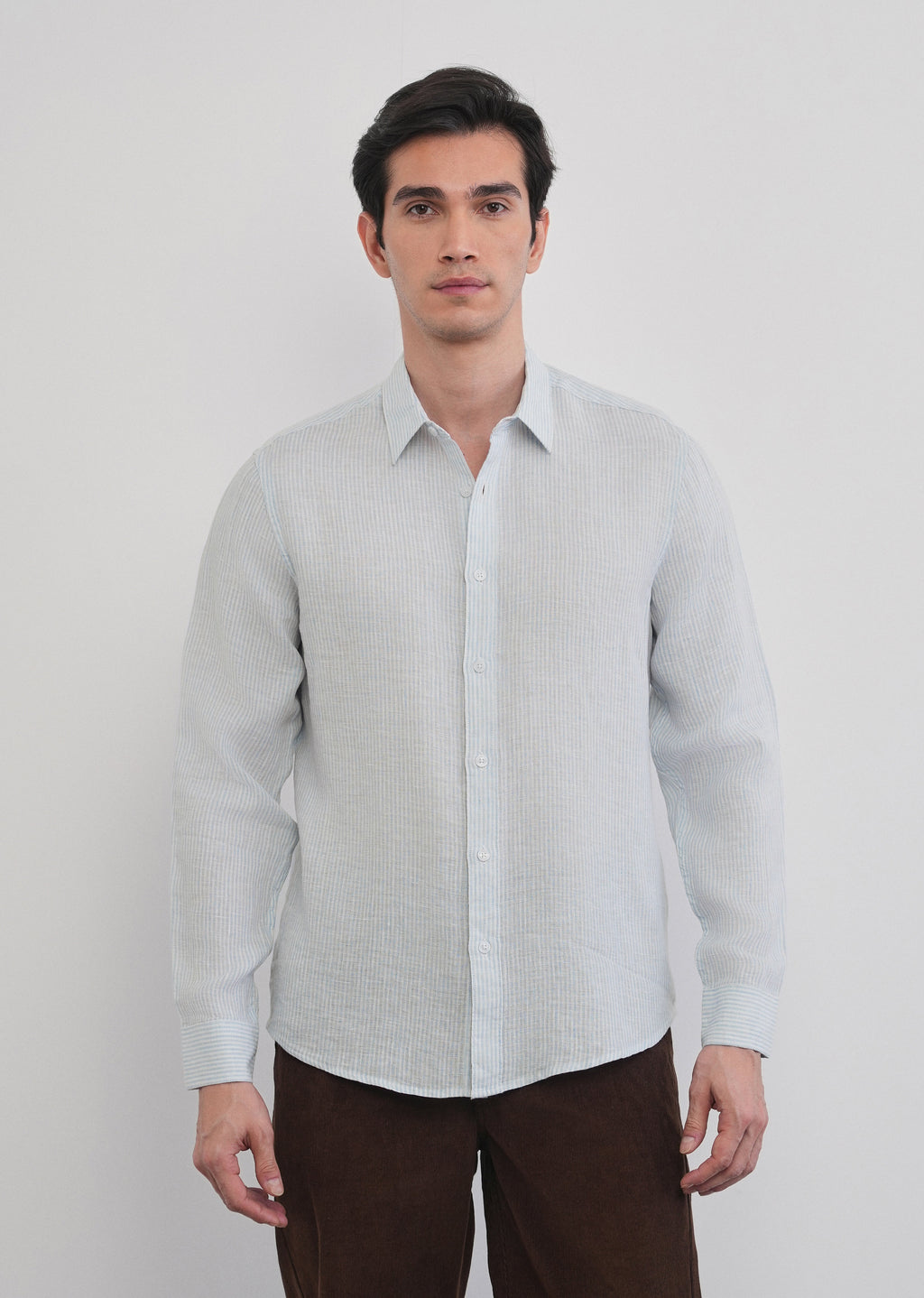100% Linen Light Blue Self-Stripe Shirt