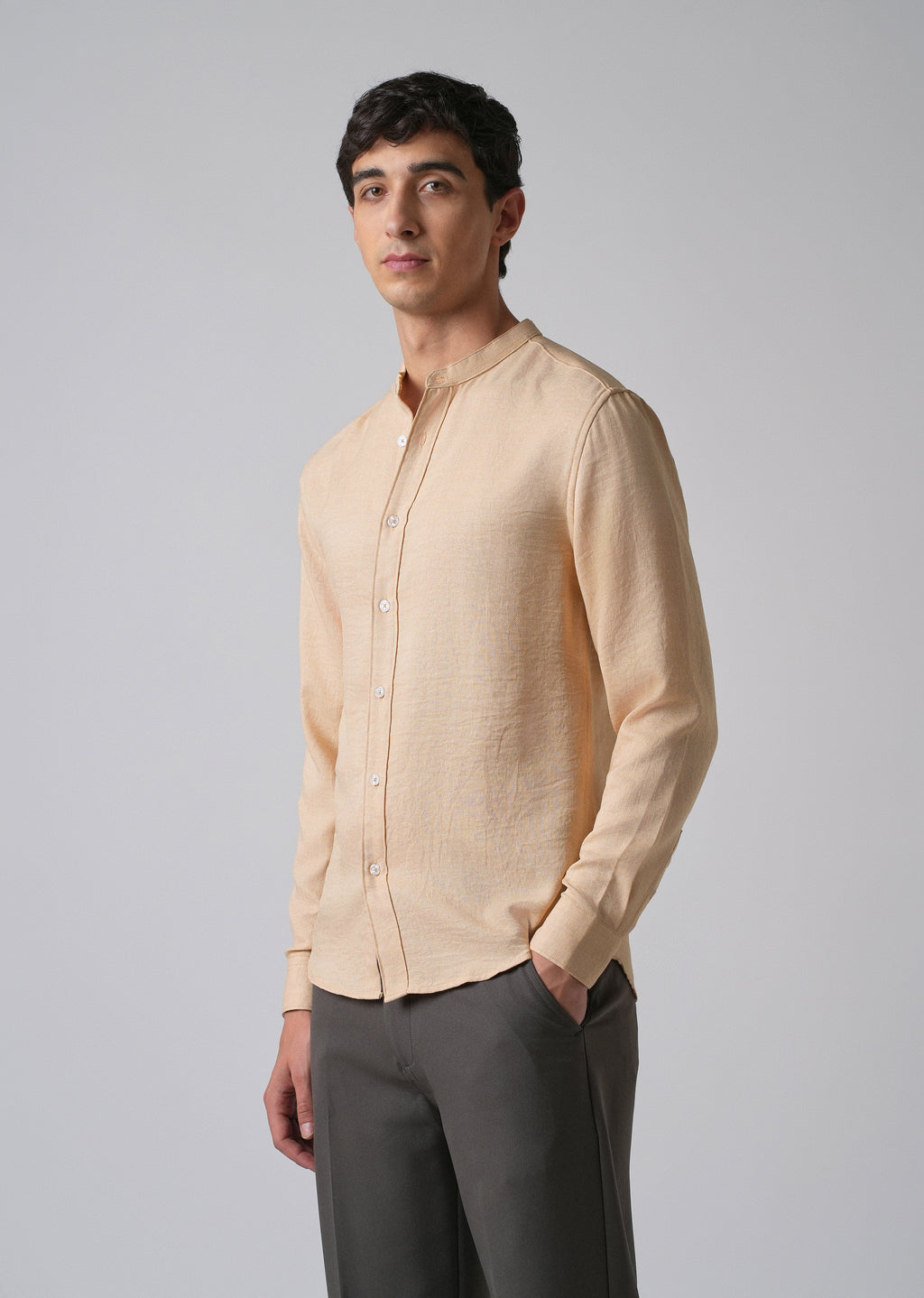 Light Tan Plain Mandarin Collar Shirt