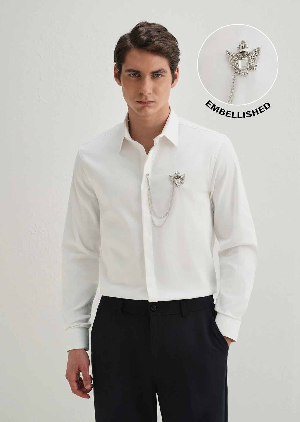 Metallic Bird Brooch White Designer Shirt