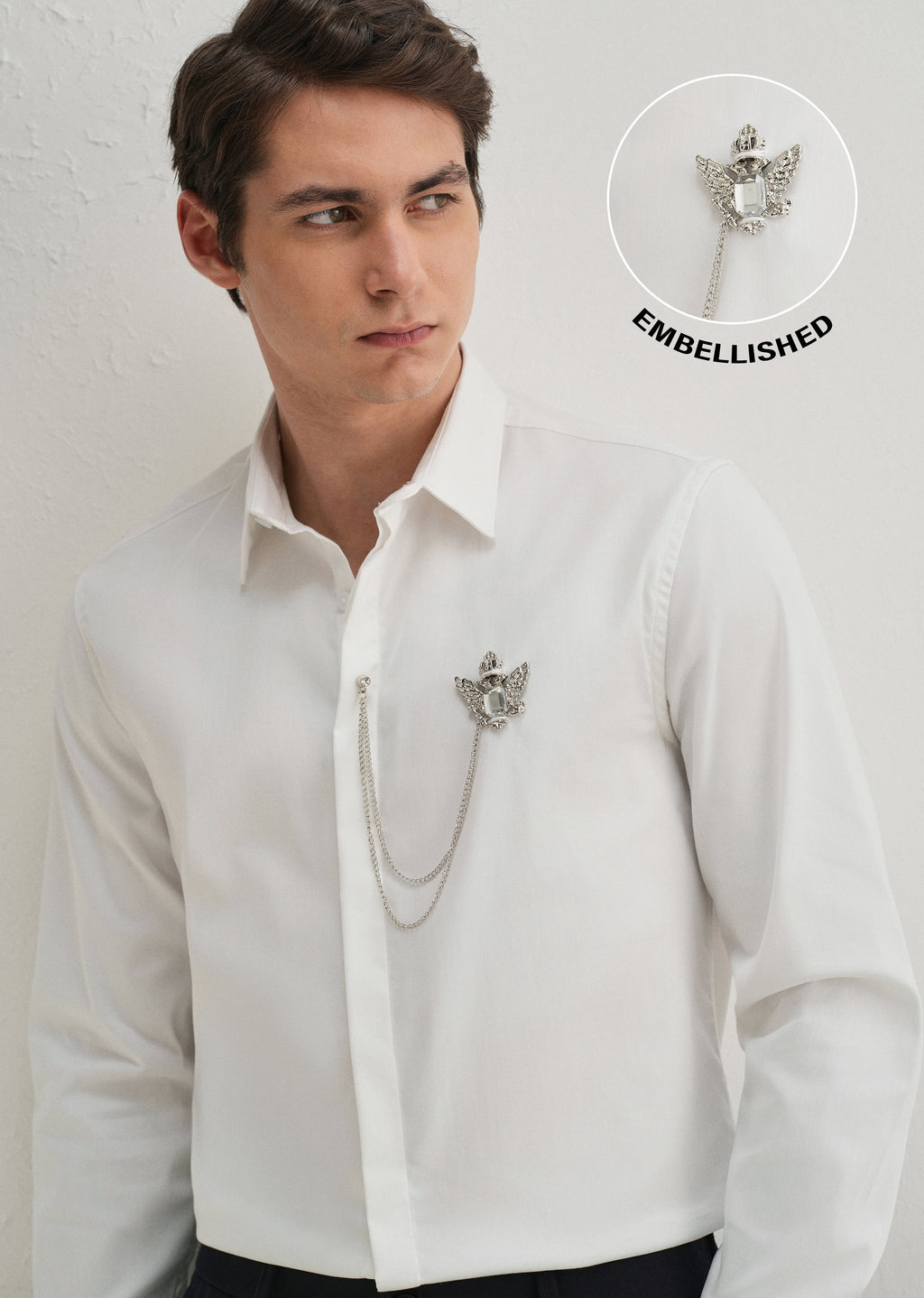 Metallic Bird Brooch White Designer Shirt