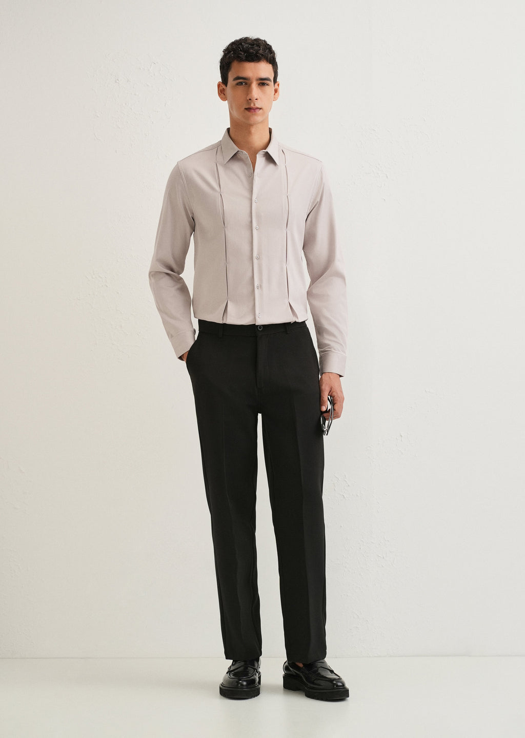 Mink Gray Front Panel Open Pleat Shirt