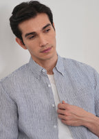 Navy Blue 100% Pure Linen Stripe Shirt