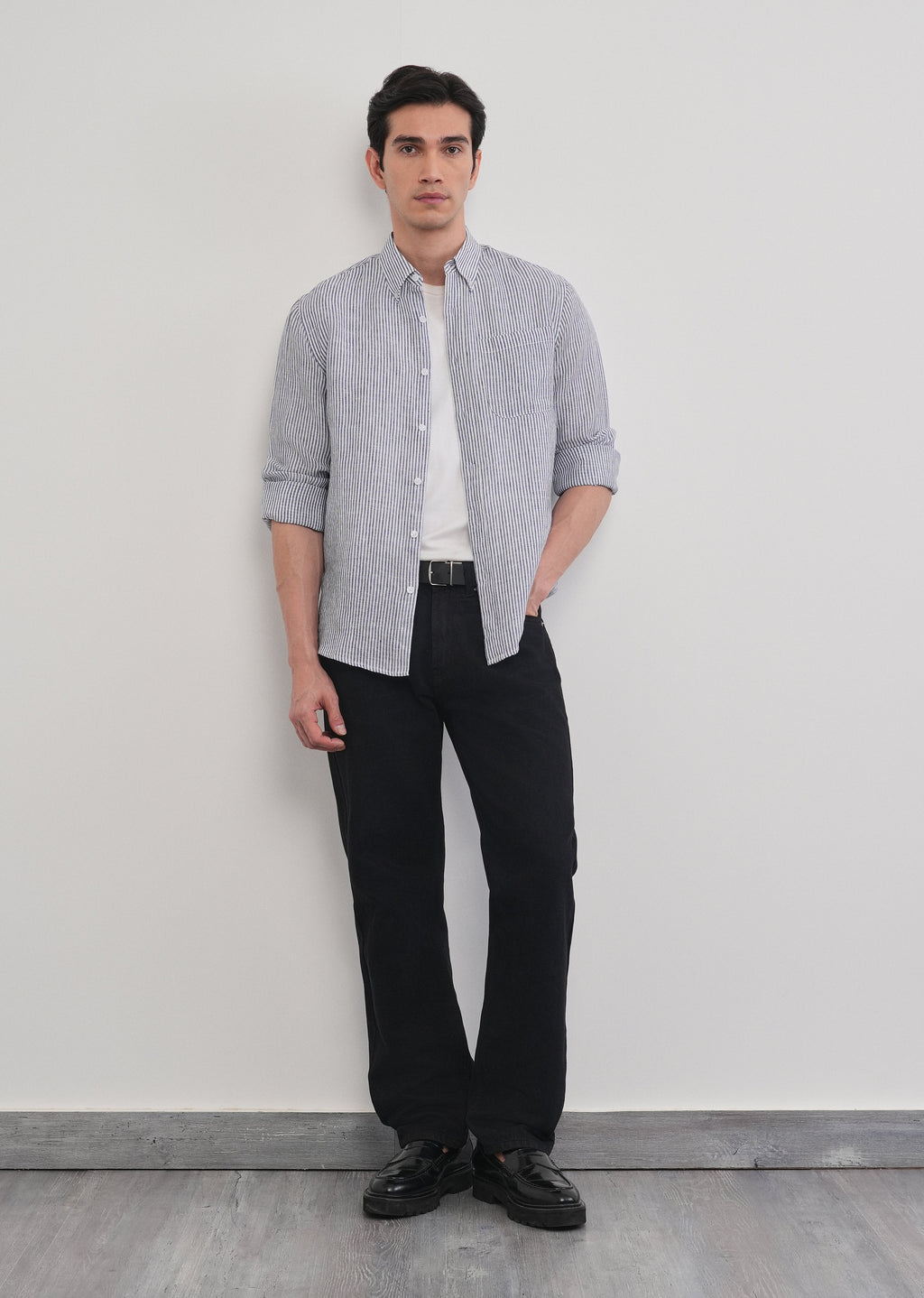 Navy Blue 100% Pure Linen Stripe Shirt