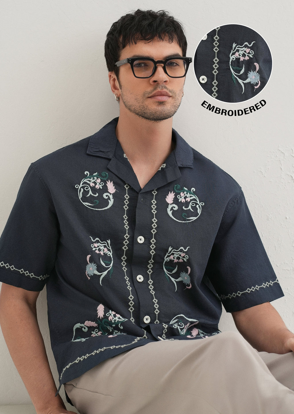 Navy Blue Panel Embroidered Shirt