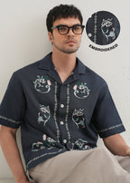 Navy Blue Panel Embroidered Shirt