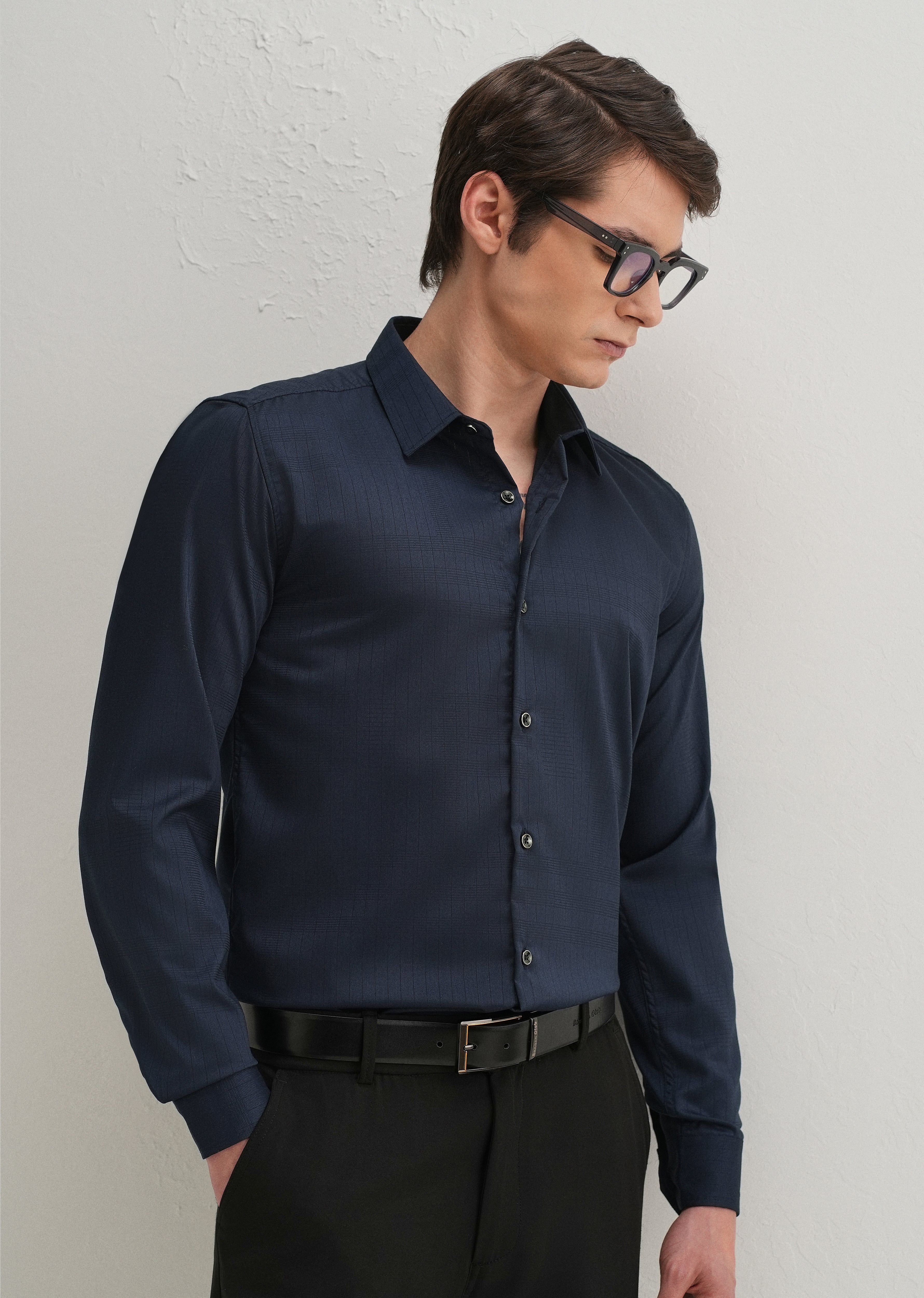Navy Blue Self Striped Plain Shirt