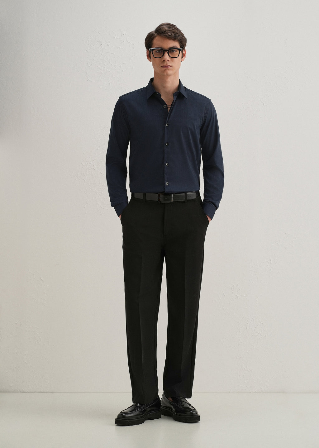 Navy Blue Self Striped Plain Shirt