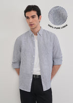 Navy Blue 100% Pure Linen Stripe Shirt