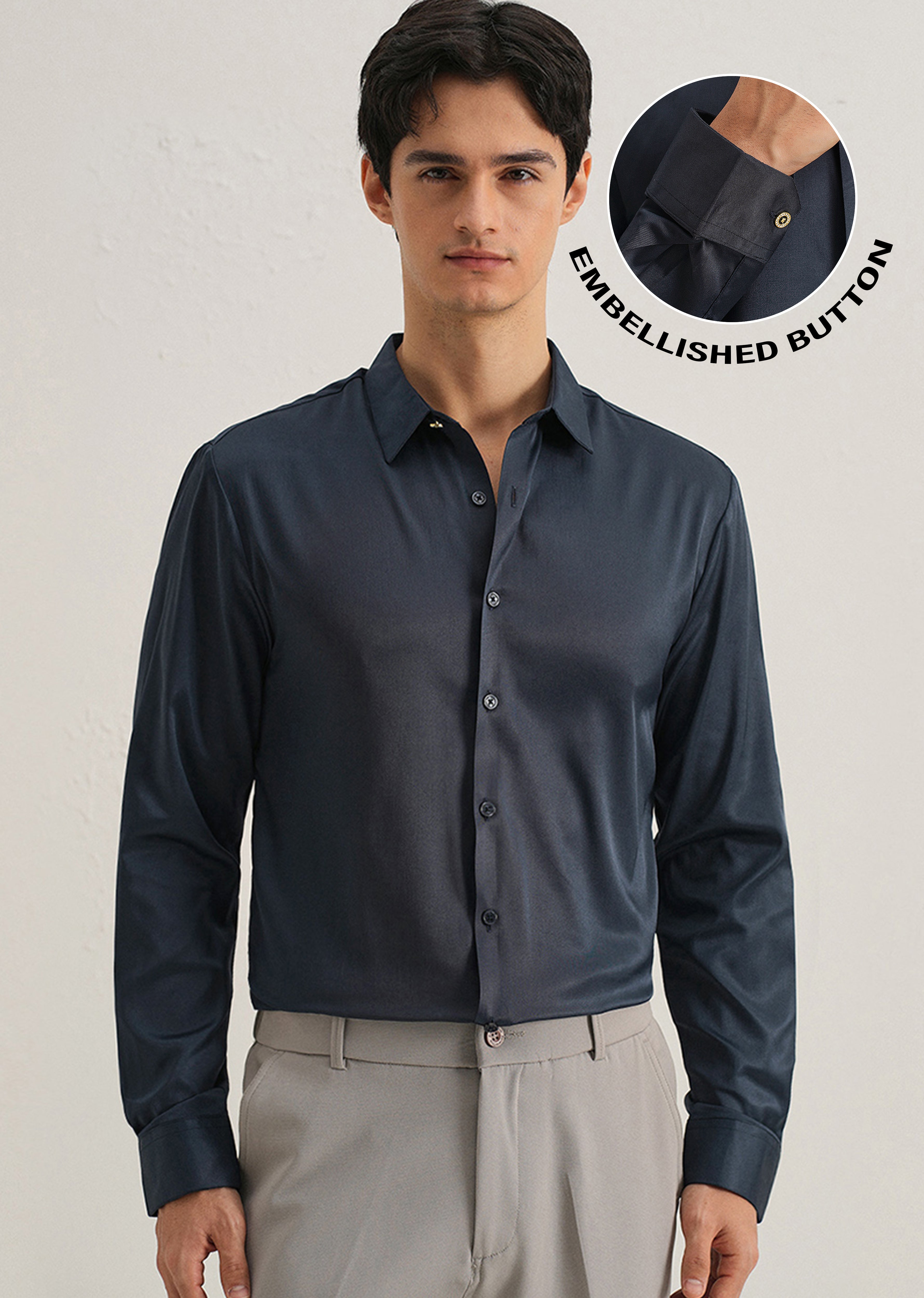Navy Blue Plain Stitchless Placket Shirt