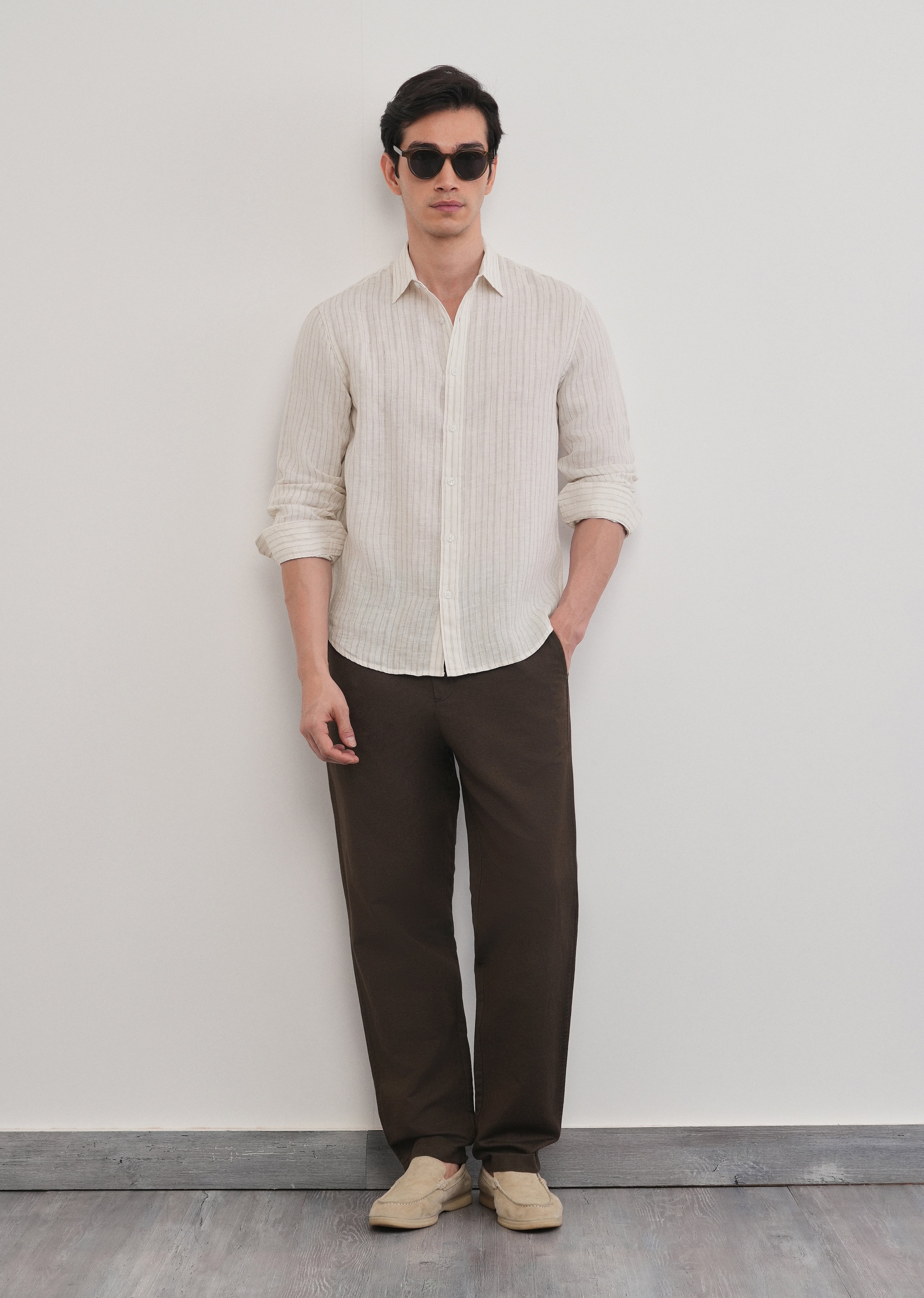 100% Linen Off-White Dual Stripe Shirt