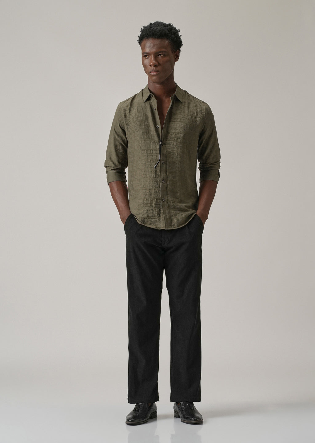 Olive Crushed Self Stripe Shirt