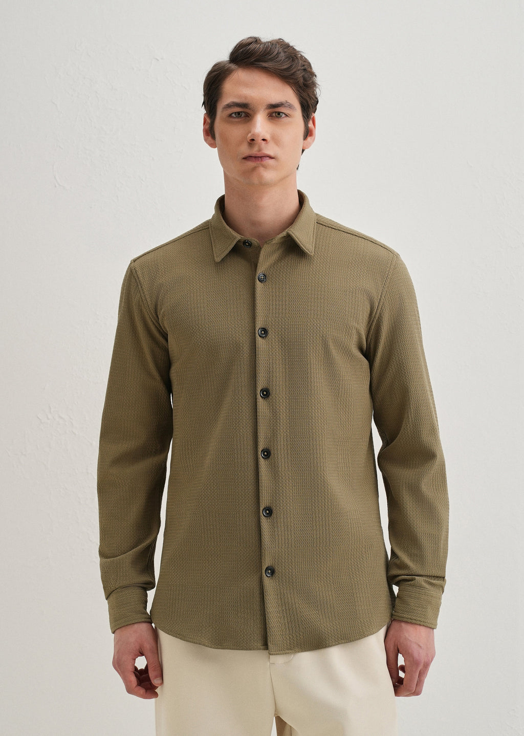 Olive Green Grid Textured Knit Shirt