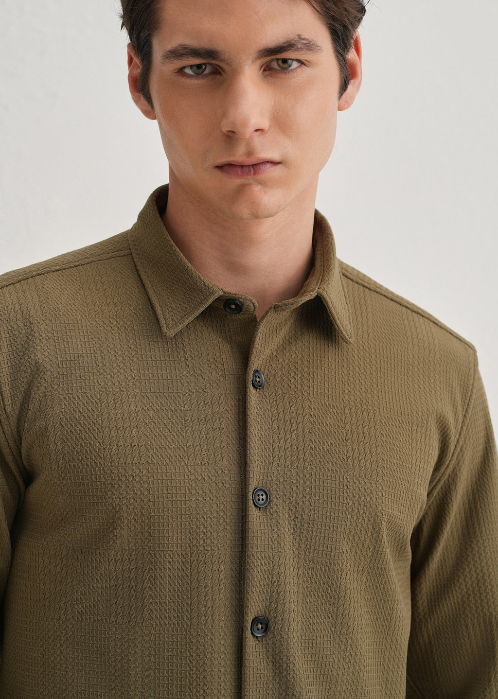 Olive Green Grid Textured Knit Shirt