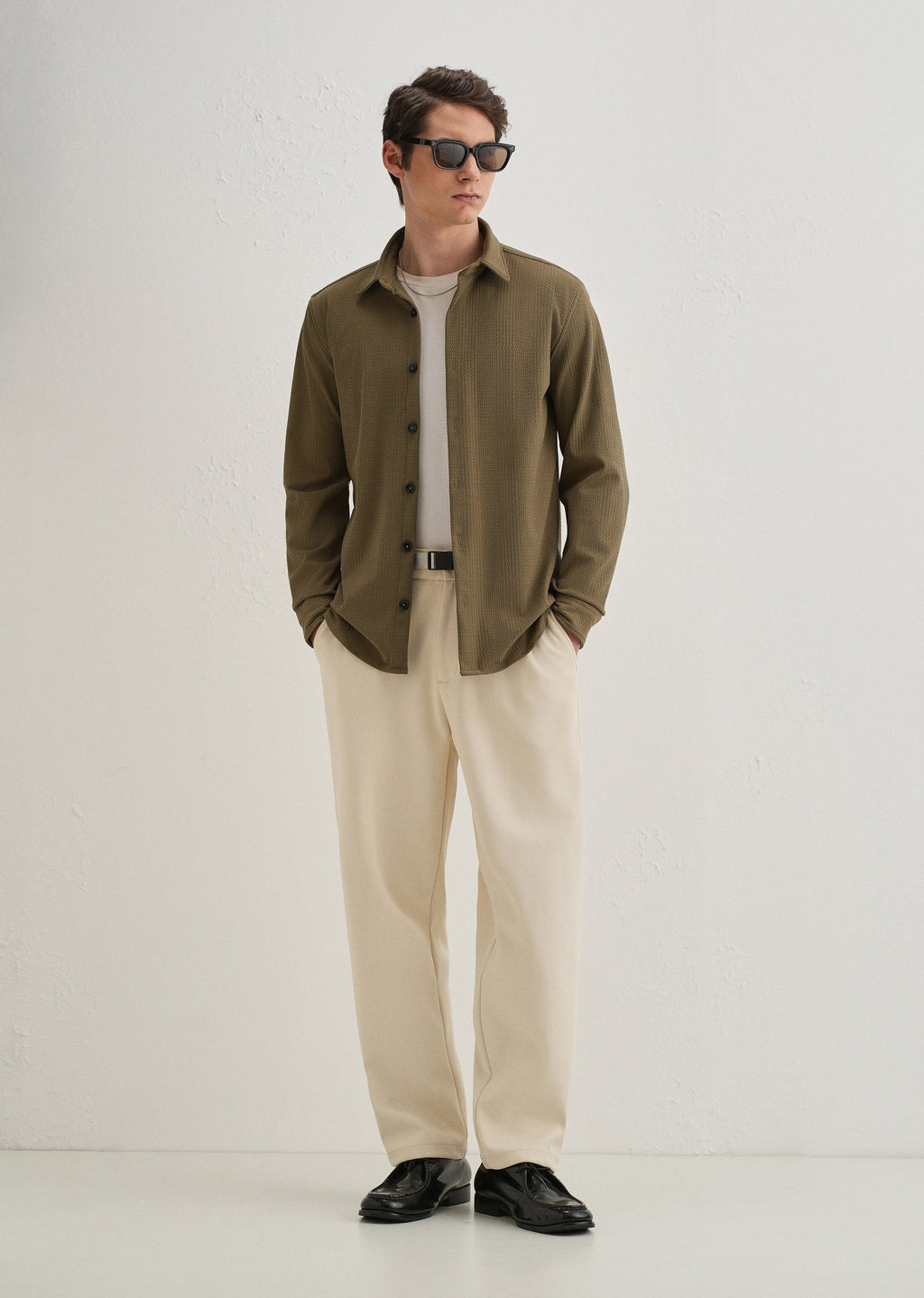 Olive Green Grid Textured Knit Shirt