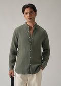 Olive Plain Mandarin Collar Cotton Shirt