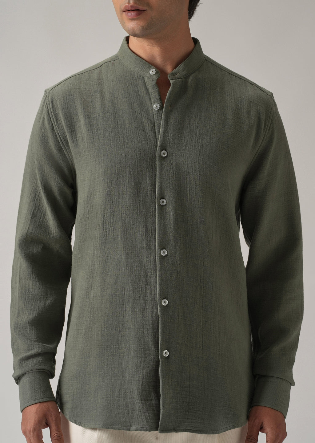 Olive Plain Mandarin Collar Cotton Shirt