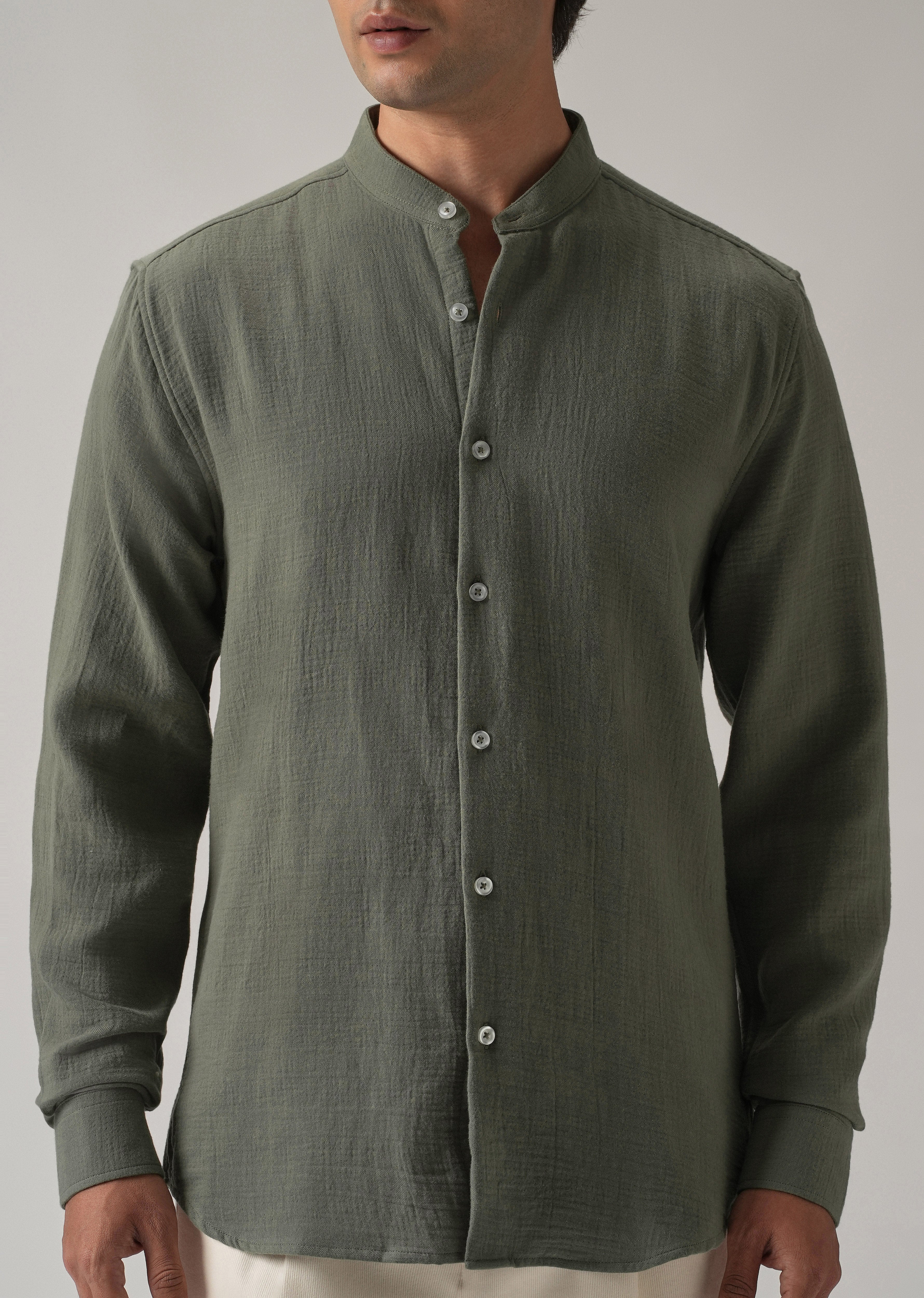 Olive Plain Mandarin Collar Cotton Shirt