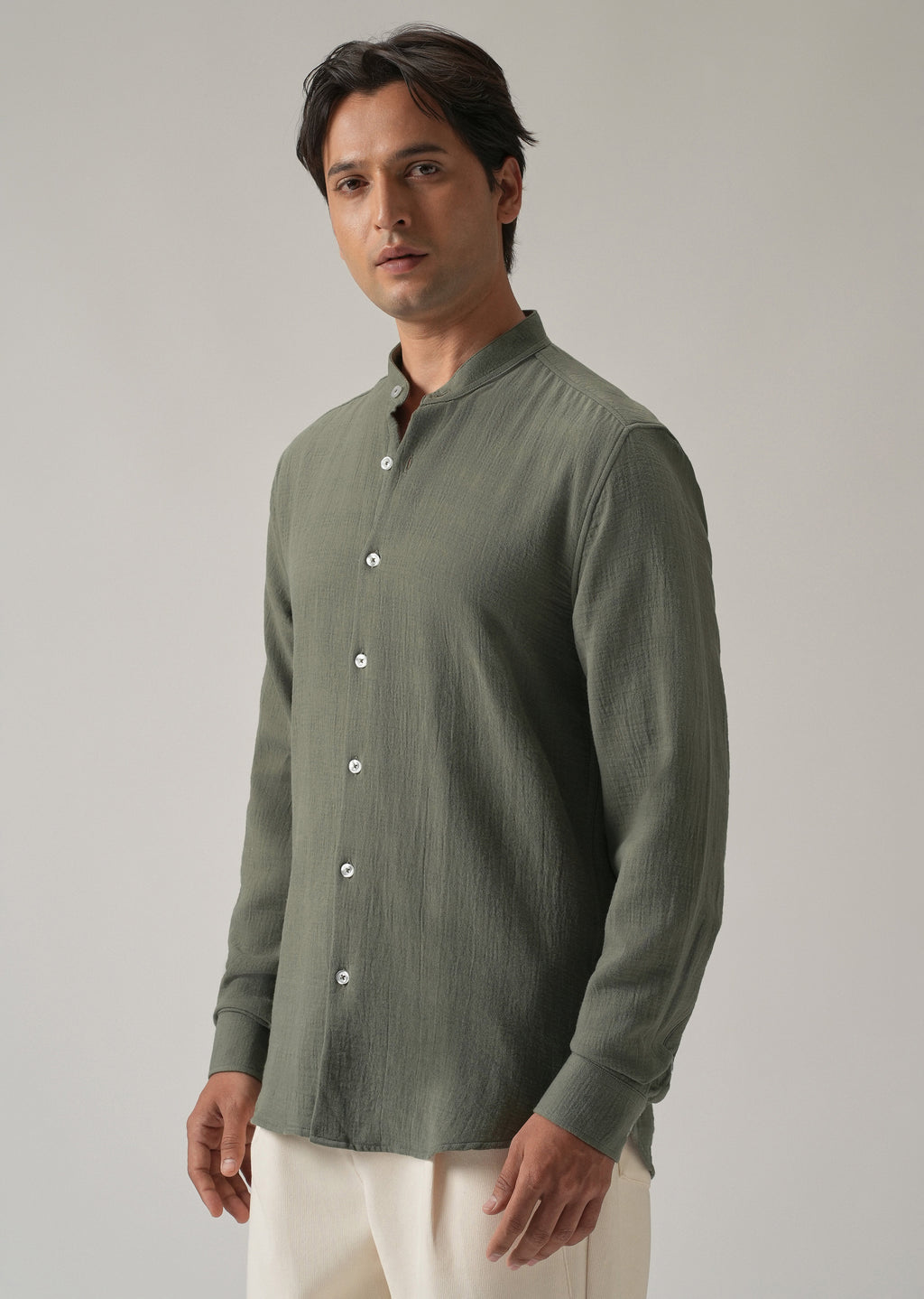 Olive Plain Mandarin Collar Cotton Shirt