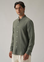 Olive Plain Mandarin Collar Cotton Shirt