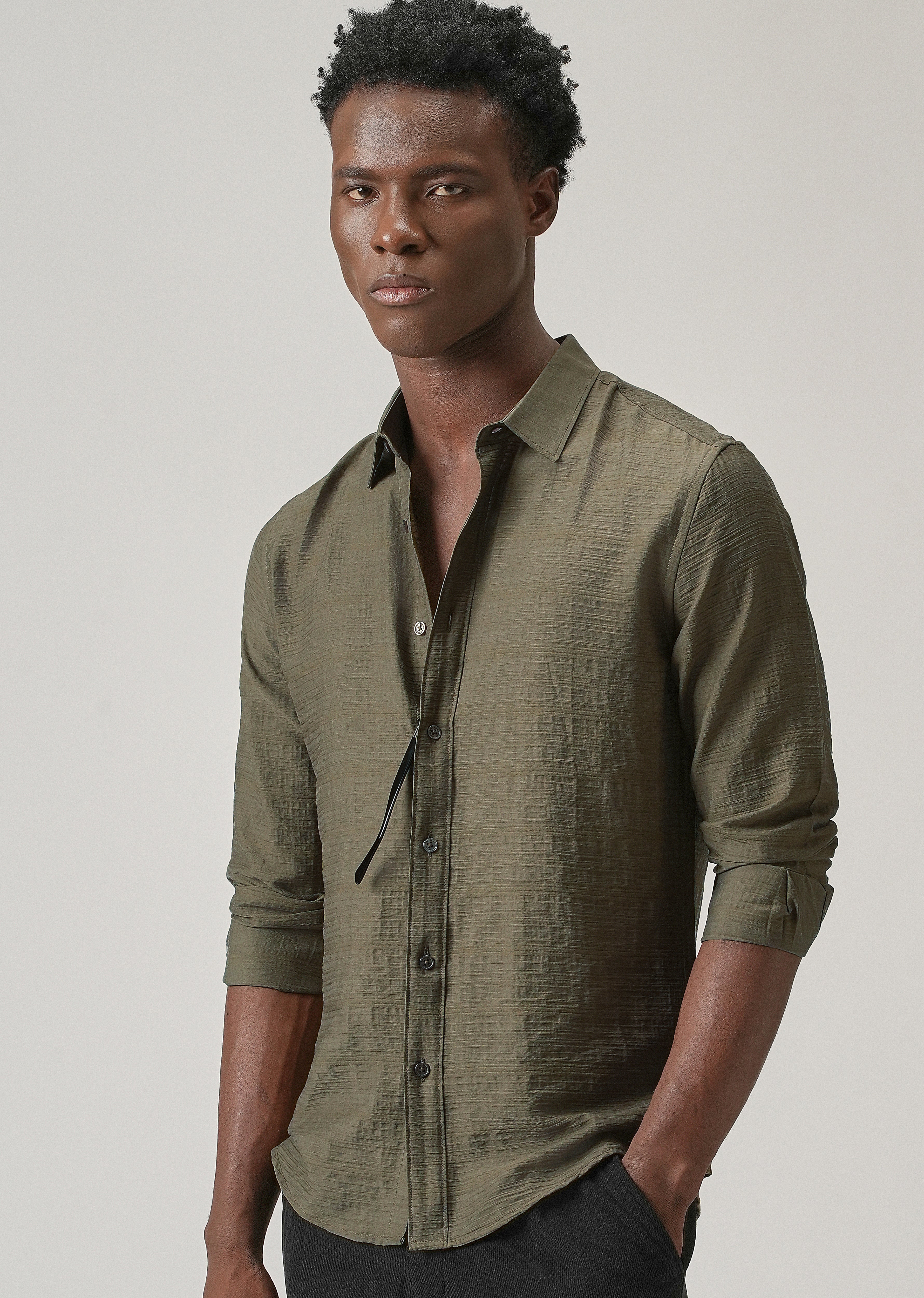 Olive Crushed Self Stripe Shirt