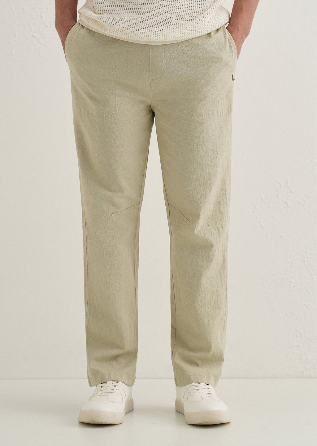Pale Khaki Drawstring Cotton Linen Pant