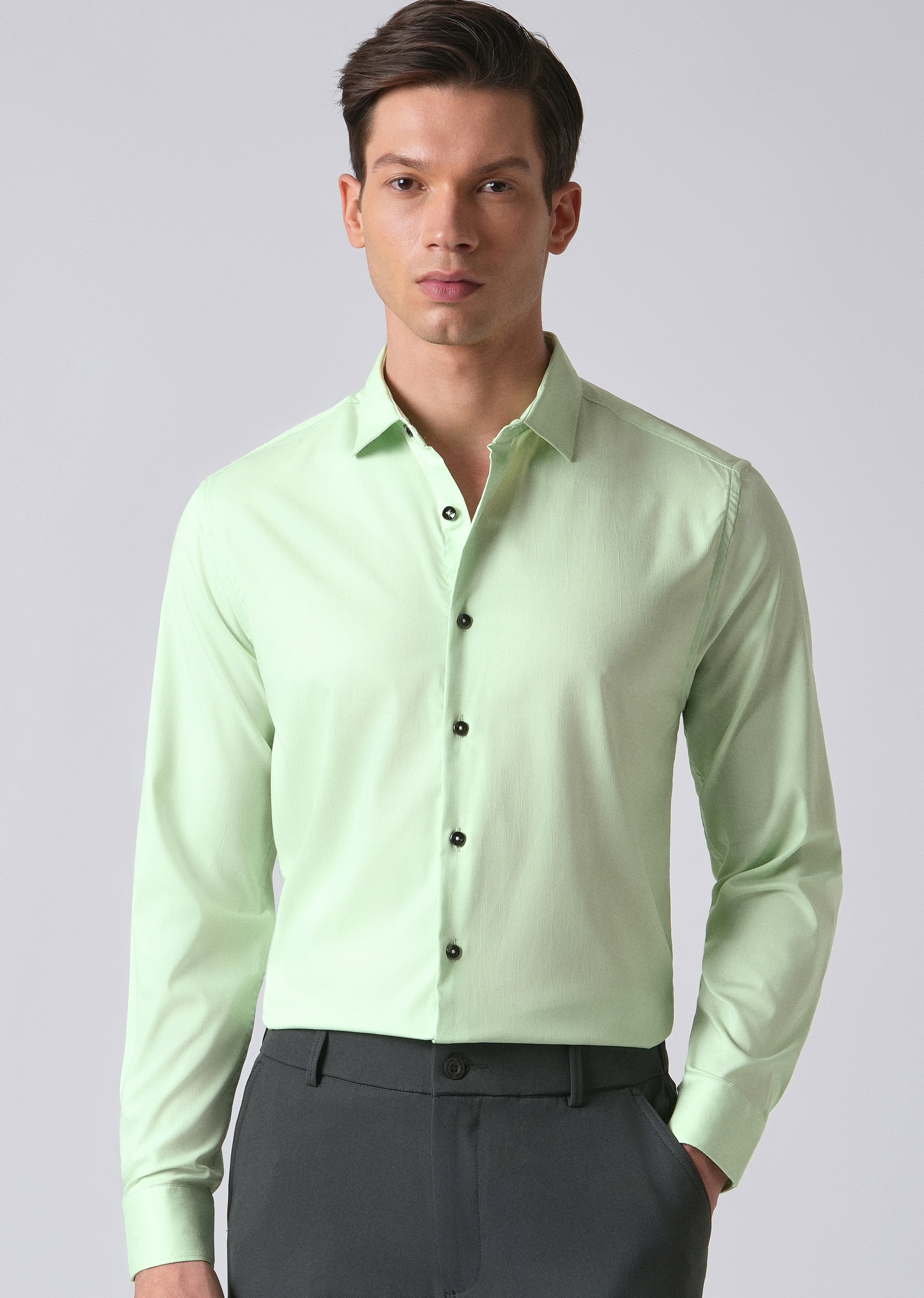 Pastel Green Cotton Stretch Plain Shirt